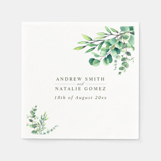 Elegant Watercolor Eucalyptus Greenery Wedding Napkins (Front)