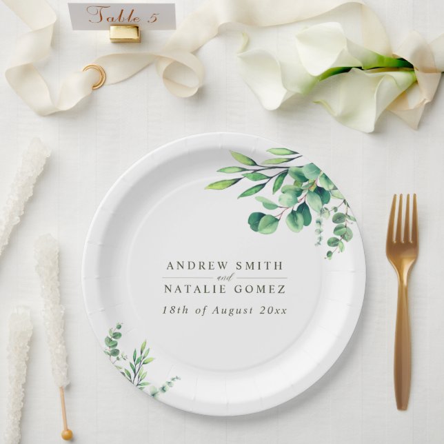 Elegant Watercolor Eucalyptus Greenery Wedding  Paper Plates (Wedding)
