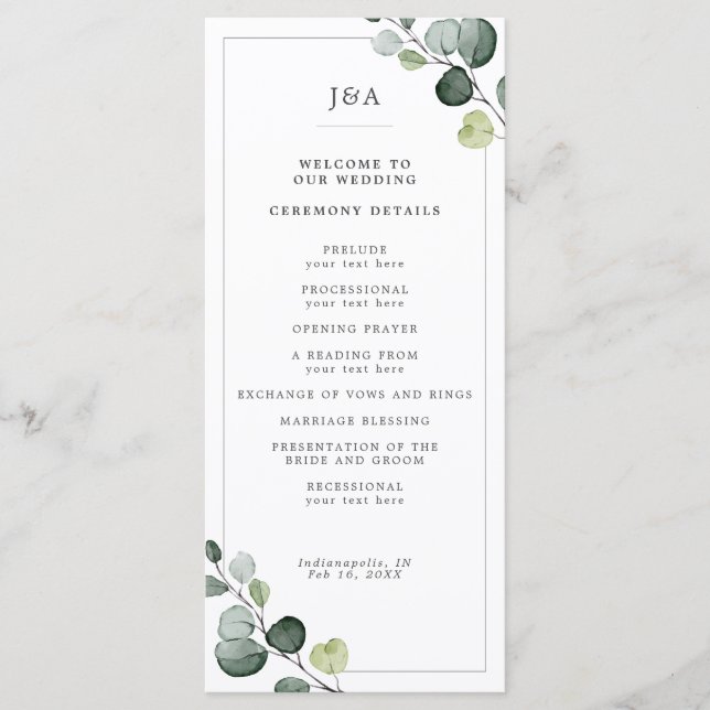 Elegant Watercolor Eucalyptus Greenery Wedding Program (Front)