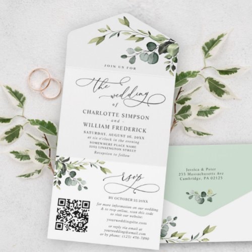 Elegant Watercolor Eucalyptus Greenery Wedding QR All In One Invitation