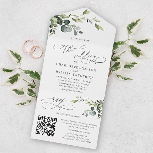 Elegant Watercolor Eucalyptus Greenery Wedding QR All In One Invitation