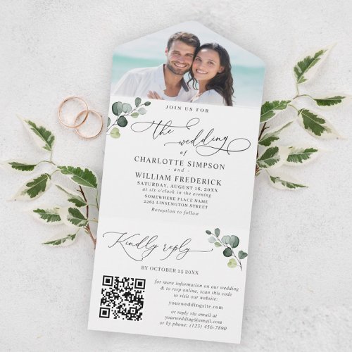 Elegant Watercolor Eucalyptus Greenery Wedding QR All In One Invitation