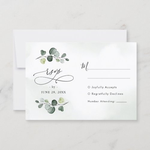 Elegant Watercolor Eucalyptus Greenery Wedding RSVP Card - Designed to coordinate with our Boho Greenery wedding collection, this customizable RSVP card, features a watercolor eucalyptus branch set against a delicate watercolor wash background with calligraphy graphic text, paired with a classy serif & modern sans font in black. Matching items available.