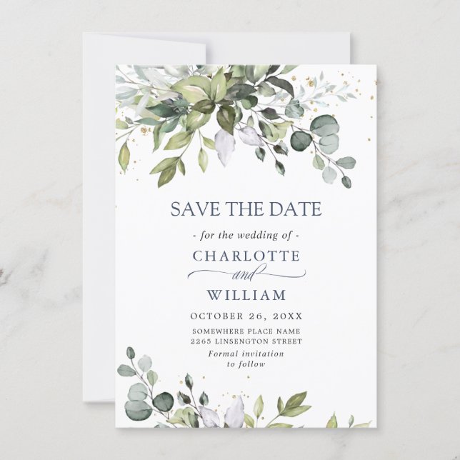 Elegant Watercolor Eucalyptus Greenery Wedding Save The Date (Front)