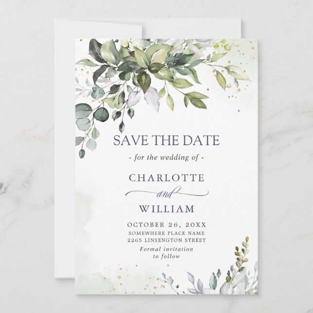 Elegant Watercolor Eucalyptus Greenery Wedding Save The Date (Front)