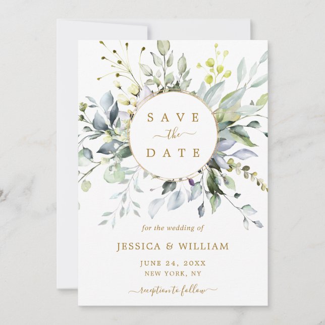 Elegant Watercolor Eucalyptus Greenery Wedding Save The Date (Front)