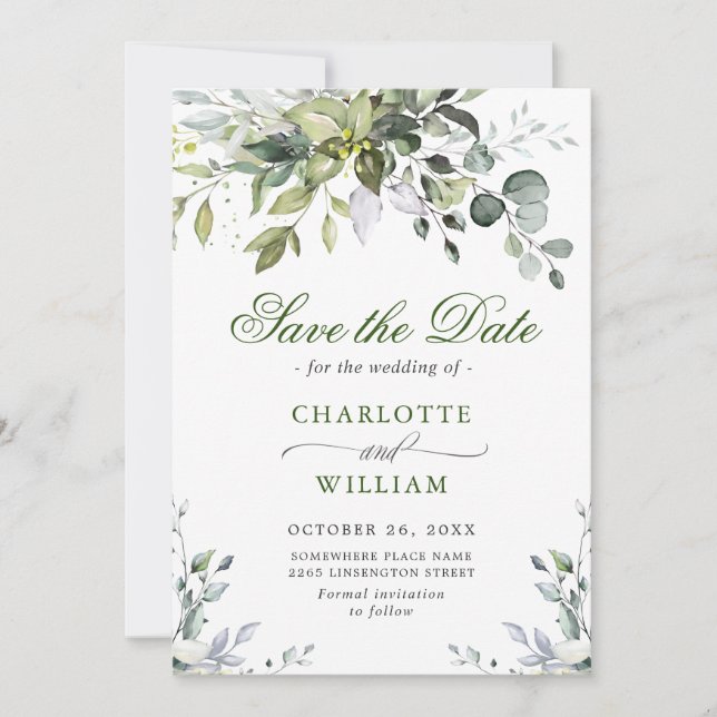 Elegant Watercolor Eucalyptus Greenery Wedding Save The Date (Front)