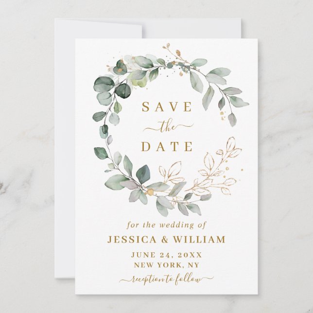 Elegant Watercolor Eucalyptus Greenery Wedding Save The Date (Front)