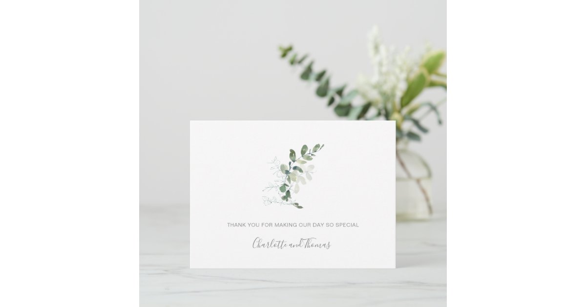Elegant Watercolor Eucalyptus Greenery Wedding Thank You Card | Zazzle