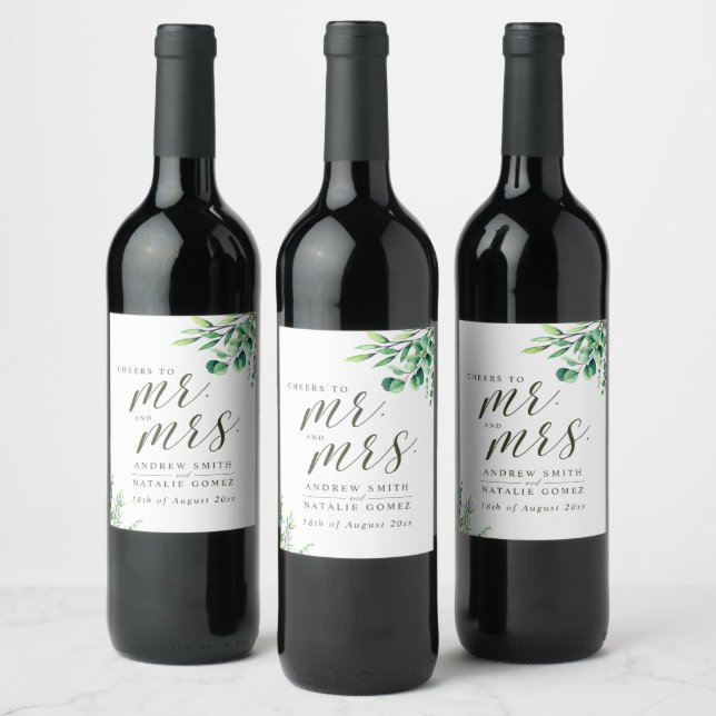 Elegant Watercolor Eucalyptus Greenery Wedding Wine Label (Bottles)