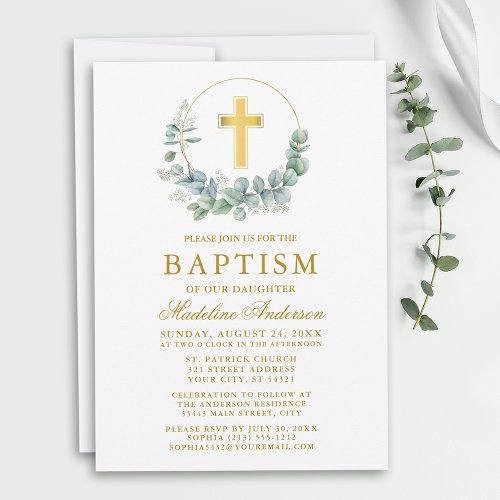 Elegant Watercolor Eucalyptus Leaves Gold Baptism Invitation