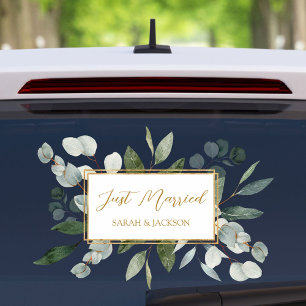 Elegant Watercolor Eucalyptus Leaves Just Married Window Cling
