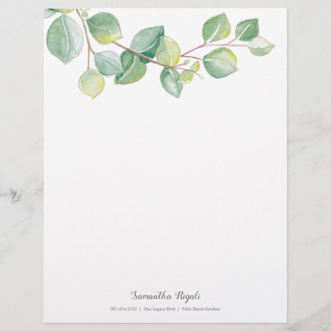 Elegant Watercolor Eucalyptus Leaves Letterhead (Front)