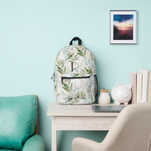 Elegant Watercolor Eucalyptus Monogram Printed Backpack
