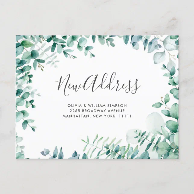 Elegant Watercolor Eucalyptus Moving Announcement Postcard | Zazzle