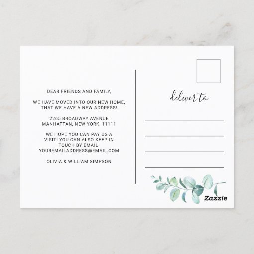 Elegant Watercolor Eucalyptus Moving Announcement Postcard | Zazzle