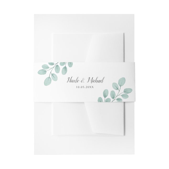 Elegant Watercolor Eucalyptus Personalized Wedding Invitation Belly Band (Front Example)