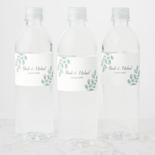 Elegant Watercolor Eucalyptus Personalized Wedding Water Bottle Label
