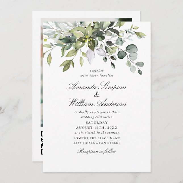 Elegant Watercolor Eucalyptus Photo QR Wedding Invitation (Front/Back)