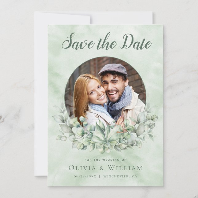 Elegant Watercolor Eucalyptus Photo Wedding Save The Date (Front)