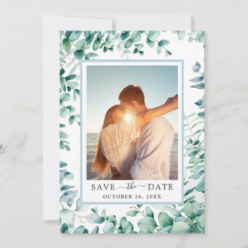 Elegant Watercolor Eucalyptus PHOTO Wedding Save The Date