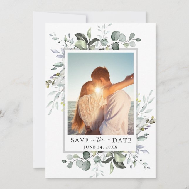 Elegant Watercolor Eucalyptus PHOTO Wedding Save The Date (Front)