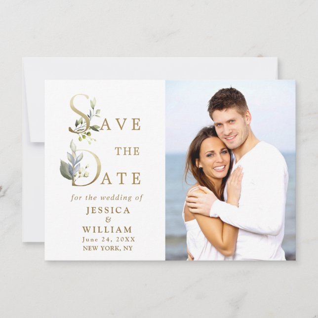 Elegant Watercolor Eucalyptus PHOTO Wedding Save The Date (Front)