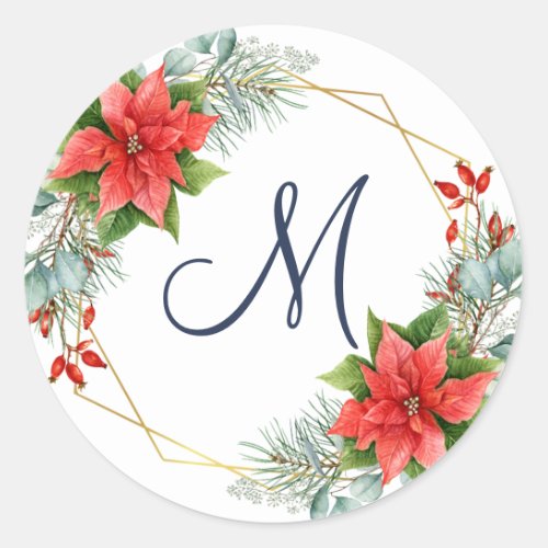 Elegant Watercolor Eucalyptus  Poinsettia MONOGRAM Classic Round Sticker