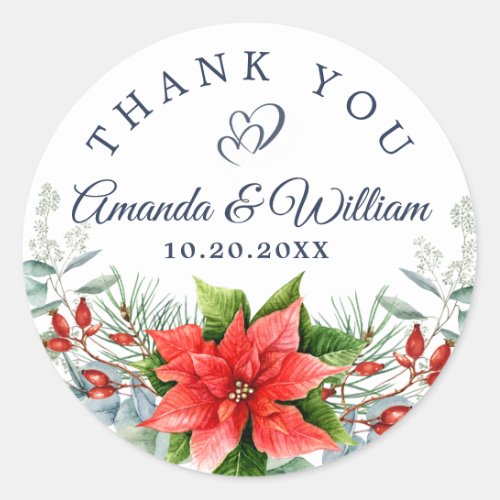 Elegant Watercolor Eucalyptus  Poinsettia Wedding Classic Round Sticker