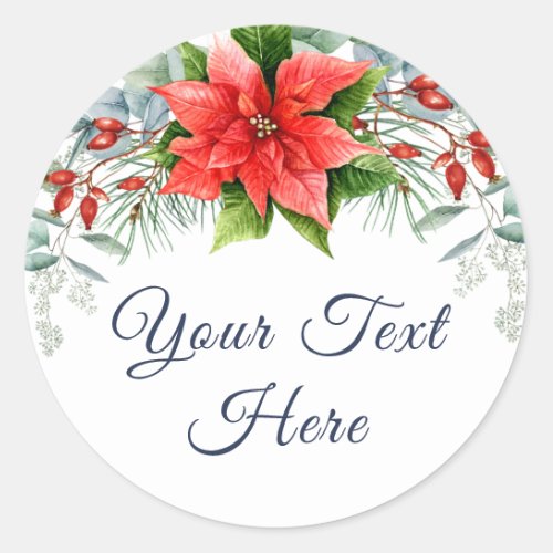 Elegant Watercolor Eucalyptus  Poinsettia Wedding Classic Round Sticker