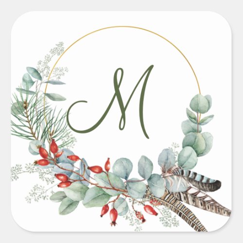 Elegant Watercolor Eucalyptus Red Berry Monogram Square Sticker