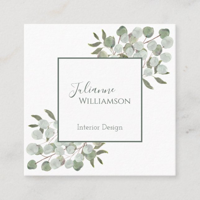 Elegant Watercolor Eucalyptus Sage Green Square Square Business Card (Front)
