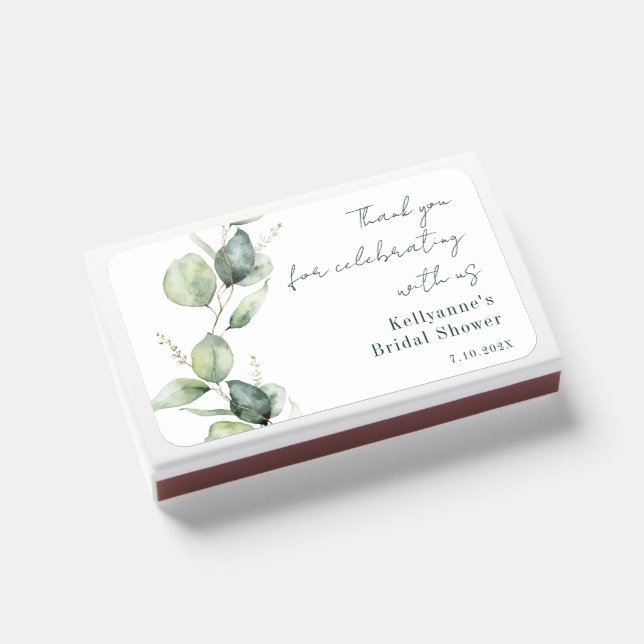 Elegant Watercolor Eucalyptus Script Bridal Shower Matchboxes (Front Closed)