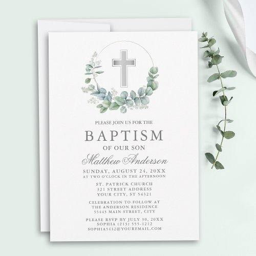 Elegant Watercolor Eucalyptus Silver Baptism Invitation