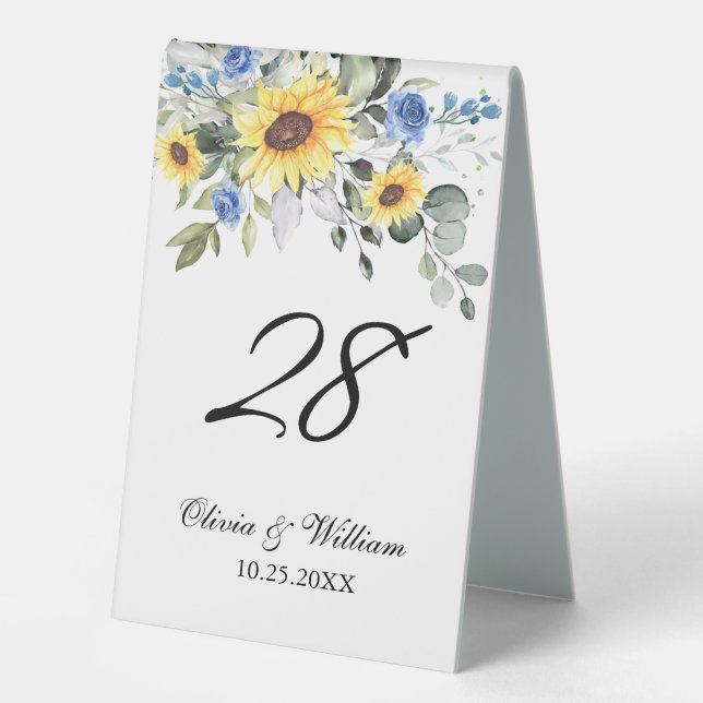 Elegant Watercolor Eucalyptus Sunflowers Table Tent (Front)