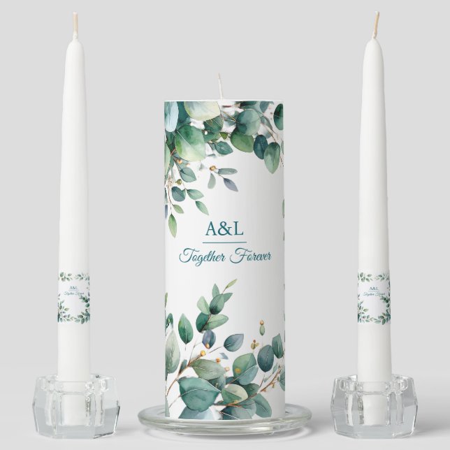 Elegant Watercolor Eucalyptus Wedding Candle (Front)
