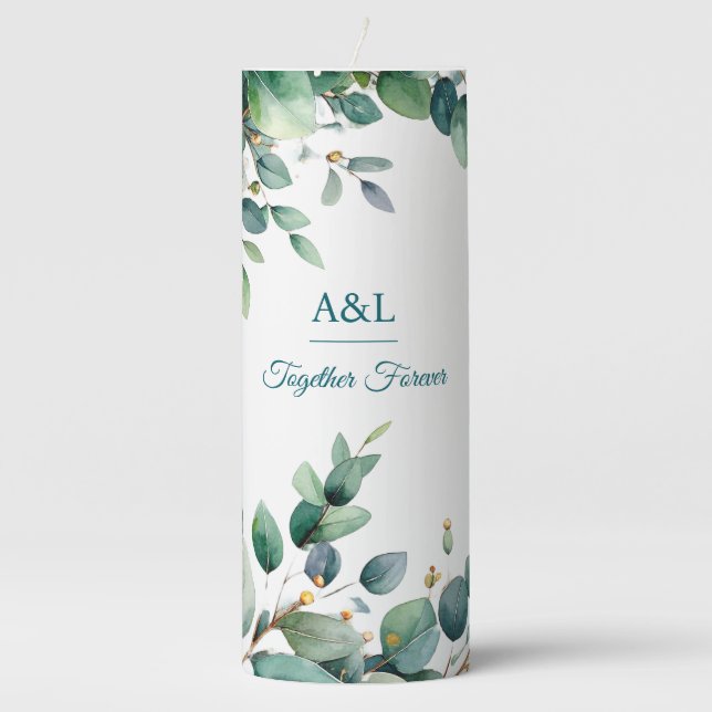 Elegant Watercolor Eucalyptus Wedding Candle (Front)