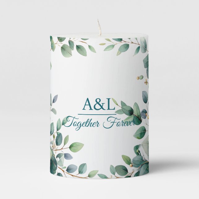 Elegant Watercolor Eucalyptus Wedding Candle (Front)
