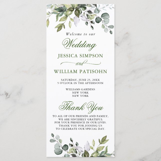 Elegant Watercolor Eucalyptus Wedding Ceremony Program (Front)