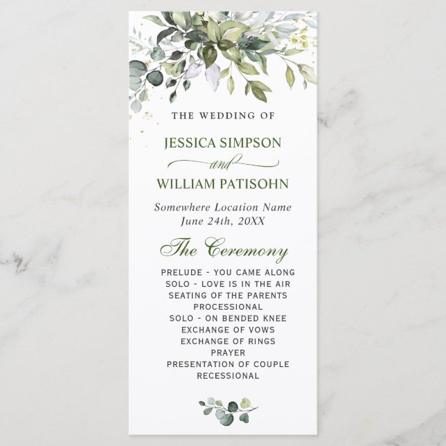 Elegant Watercolor Eucalyptus Wedding Ceremony Program (Front)