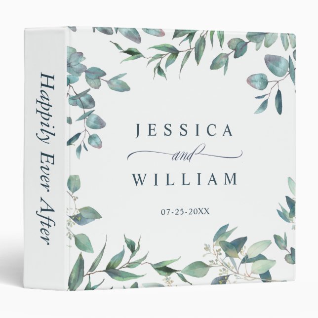 Elegant Watercolor Eucalyptus Wedding Custom 3 Ring Binder (Front/Spine)