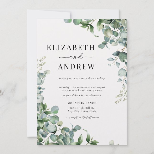 Elegant Watercolor Eucalyptus Wedding Invitation (Front)