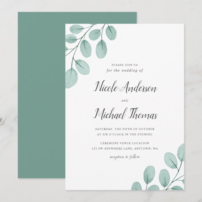 Elegant Watercolor Eucalyptus Wedding Invitation (Front/Back)