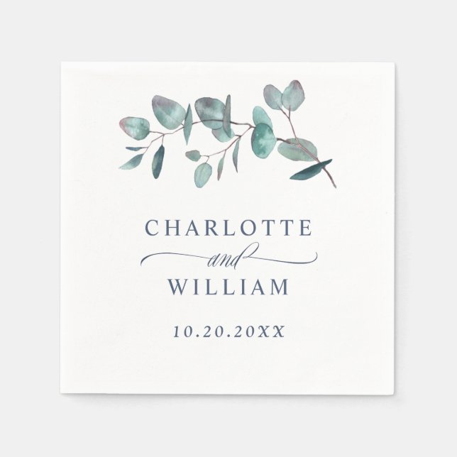 Elegant Watercolor Eucalyptus Wedding Paper Napkins (Front)