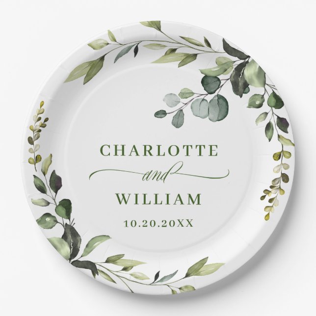 Elegant Watercolor Eucalyptus Wedding Paper Plates (Front)