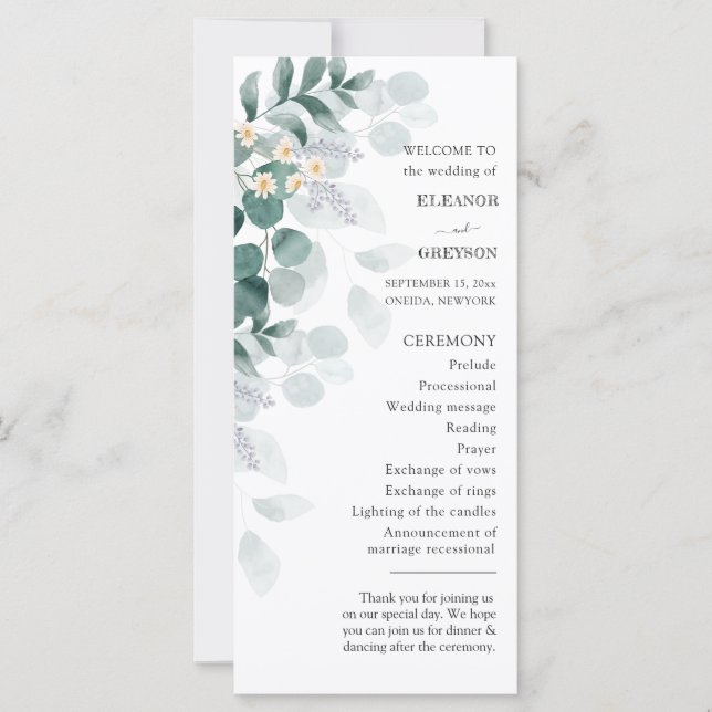 Elegant watercolor eucalyptus wedding program (Front)