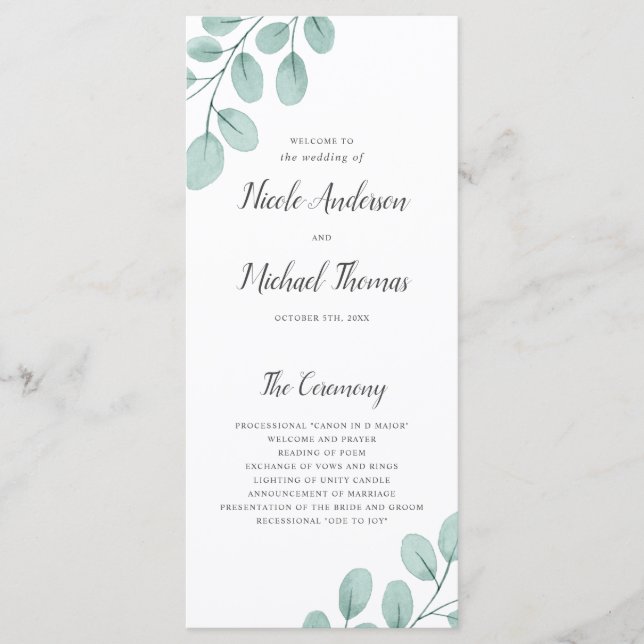 Elegant Watercolor Eucalyptus Wedding Program (Front)