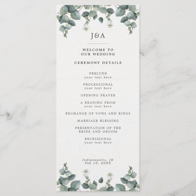 Elegant Watercolor Eucalyptus Wedding Program (Front)