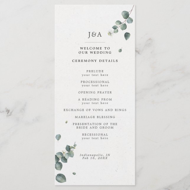 Elegant Watercolor Eucalyptus Wedding Program (Front)