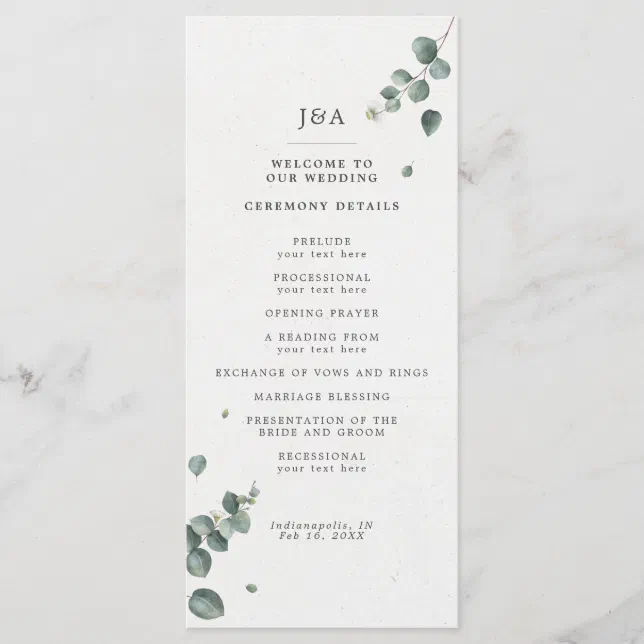 Elegant Watercolor Eucalyptus Wedding Program | Zazzle